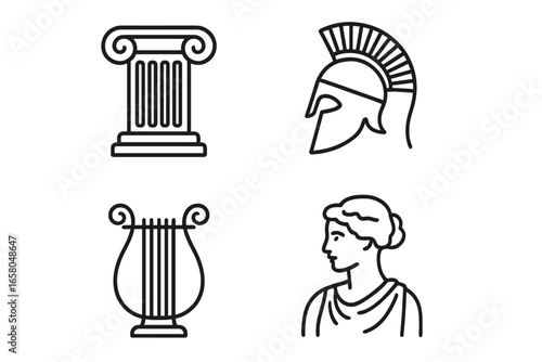 Ancient Greece culture icon set. Greek historical and mythological symbols. Outline vector illustration of column, spartan helmet, lyre and goddess statue. History elements.