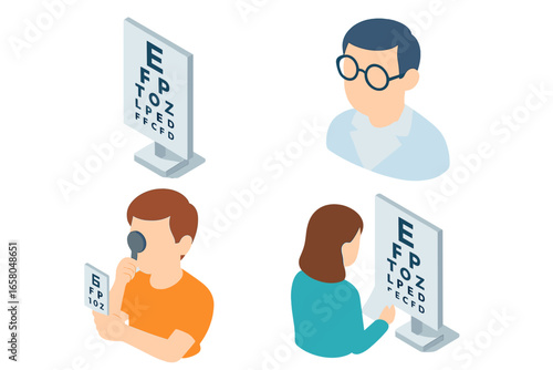 Isometric vision checkup icon set with eye chart, optometrist wearing glasses, and patient reading test. Vector flat design illustration on a transparent background