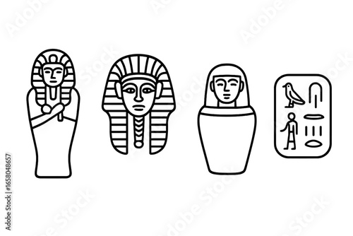 Ancient Egypt tomb artifacts outline icon set. Vector illustration of pharaoh sarcophagus, golden death mask, canopic jar, and hieroglyph tablet. Egyptian culture symbols.