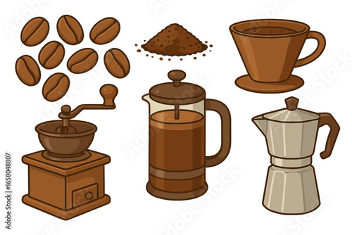 Coffee beans, ground coffee, espresso maker, French press, manual grinder and cup collection. Barista brewing tools set isolated. Vector cartoon illustration for café, coffee shop, beverage design.
