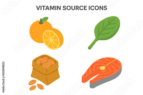 Vitamin and mineral source icons. Isometric flat vector icon set with orange, spinach, almonds, salmon. Healthy food for diet and nutrition. Food infographic elements.