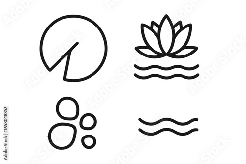 Aquatic vegetation outline icon set. Floating water plants symbols. Minimalist vector illustration of water lily pad, lotus flower, duckweed and waves. Simple line art.