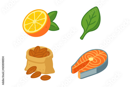 Isometric vitamin and mineral source icon set. Healthy food concepts for nutrition and diet. Vector illustration of orange, spinach, almonds, and salmon. Infographic elements.