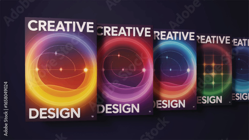 A series of four modern graphic design posters showcasing creative design concepts