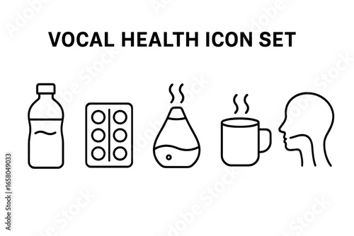 Outline icons for vocal health, voice care. Laryngitis and sore throat treatment concept. Humidifier, tea, water, lozenge, vocal cords. For singer, teacher, speaker.