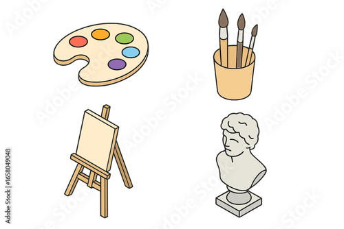 Art and craft workshop icon set. Isometric vector illustration of creative tools for painting, drawing, and sculpture class. Includes palette, brushes, easel, and bust statue.