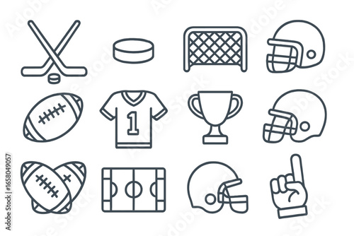 Hockey and American football sport icon set. Vector line art symbols of game equipment. Minimalist icons of puck, stick, helmet, trophy, goal, field for championship design.
