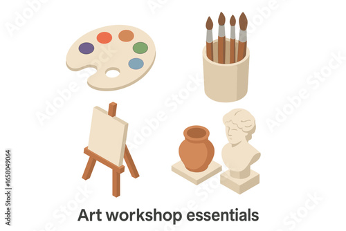 Art workshop essentials icon set. Isometric vector illustration for creativity and hobby. Includes easel, canvas, palette, paints, brushes, clay pot and gypsum head sculpture.