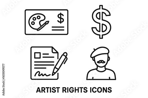 Artist rights and royalties outline icon set. Includes concepts like royalty check, freelance income, artist contract, intellectual property, copyright law, and creative business.