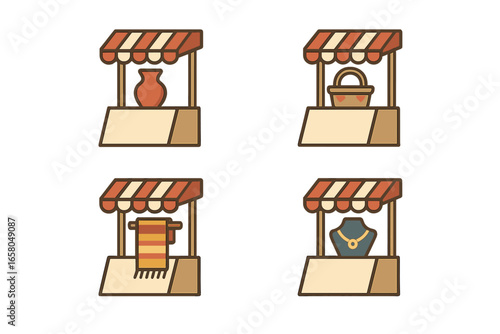 Vector icon set of artisan craft market stalls. Isometric flat design for local fair, handmade goods. Features pottery, ceramics, woven basket, textiles, and jewelry displays.