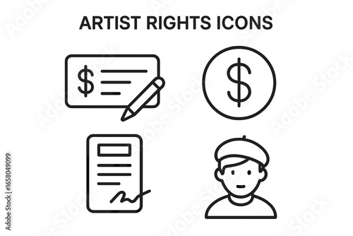 Artist rights icon set. Royalties, copyright, intellectual property concept. Vector icons of contract signing, royalty check, artist, money. Payment, licensing agreement.