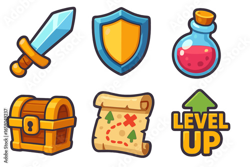 Game icon set. RPG elements for mobile game UI. Vector cartoon sword, shield, potion, treasure chest, map, level up. Adventure quest, loot reward assets. Fantasy items.