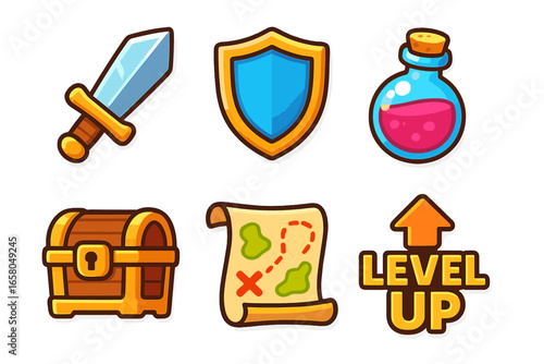 Vector game icon set for RPG UI. Cartoon fantasy assets for mobile app. Adventure and quest items: sword, shield, magic potion, treasure chest, map, and level up symbol.