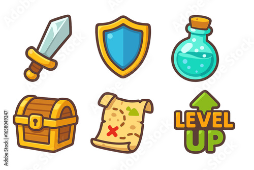 Game icons set. Colorful cartoon collection for fantasy adventure RPG. Sword, shield, potion, treasure chest, map, level up. Vector assets for UI kit. Mobile gaming elements.