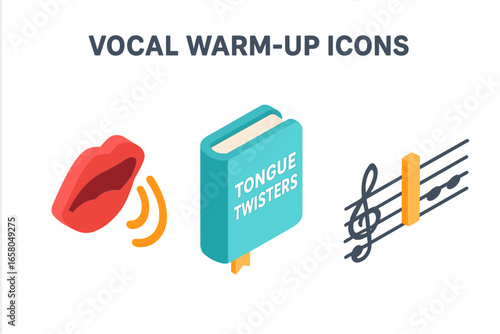Vocal warm-up exercise icon set. Isometric vector graphics for singing lessons, voice training, and speech therapy. Includes mouth sounds, tongue twister book, and music scale.