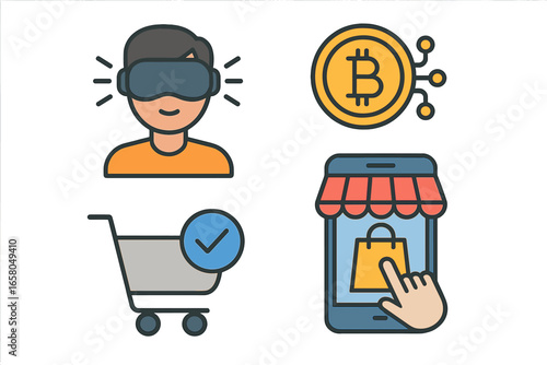 Set of modern technology icons. Virtual reality, cryptocurrency, and online shopping concept. E-commerce, bitcoin, and metaverse symbols for modern digital life. Vector art.