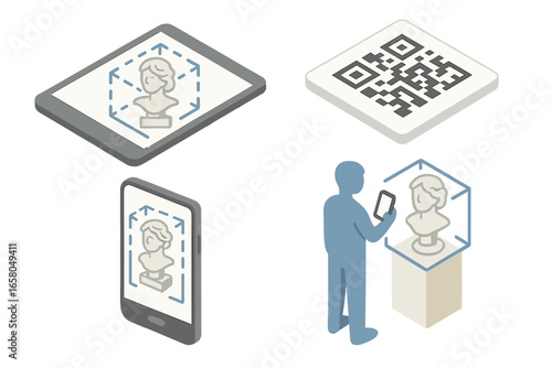 Augmented reality museum exhibit icon set. Isometric vector of interactive art gallery tour with smartphone, tablet and QR code. Digital guide technology for modern education.