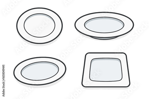 Modern minimalist plates collection showcasing various stylish designs and shapes for contemporary dining, elegant tableware set in vector cartoon style with transparent background