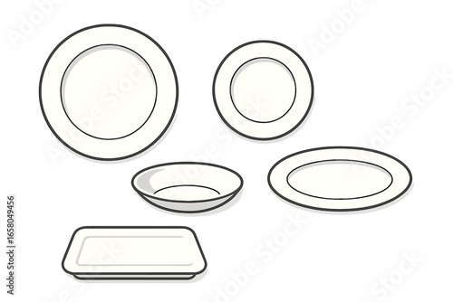 Various styles of modern plates and tableware in minimalist layout with sleek design, vector cartoon illustration on transparent background, ordered set of 4 stylish dining plates