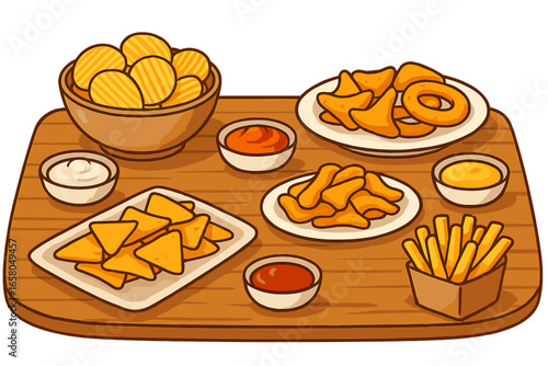 Various types of snack foods served with dipping sauces on a casual dining table setting, colorful vector cartoon illustration, party appetizers, finger foods, social gathering meal