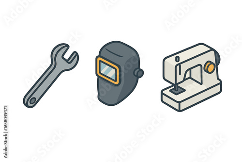 Vocational training icon set. Isometric icons of skilled trades for technical education. Includes wrench, welding mask, sewing machine for mechanic, metalwork, and tailoring.