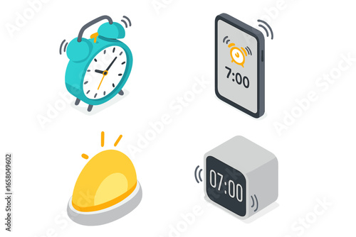 Wake-up alarm icons isometric set. Vector illustration of gentle wake-up alarms, analog clock, smartphone app, sunrise lamp, and digital buzzer. Time management concept.