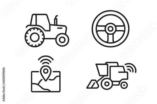 Autonomous tractor & smart farm icon set. Precision agriculture tech with self-driving harvester, GPS navigation & remote control. Vector outline farm machinery illustration.