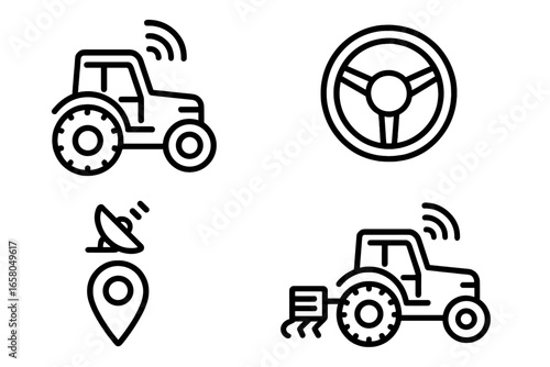 Autonomous tractor and smart farming icon set. Driverless machinery, GPS navigation, agricultural automation concepts. Outline vector icons for agritech and precision farming.