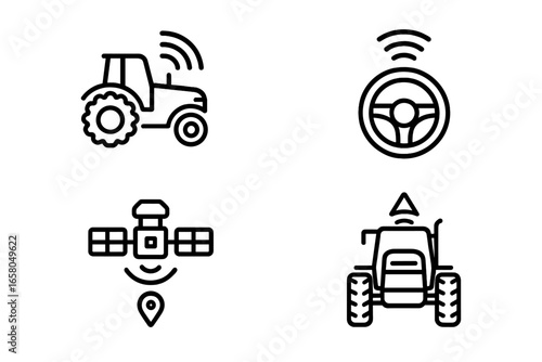 Autonomous tractor and smart farming icon set. Outline icons for agriculture technology, including driverless machinery, GPS satellite navigation, and remote steering control.
