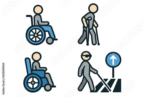 Accessibility icon set. Disabled people, mobility aid. Vector of person in wheelchair, with crutches, blind man with cane. Handicap, inclusion concept. Navigation signs.