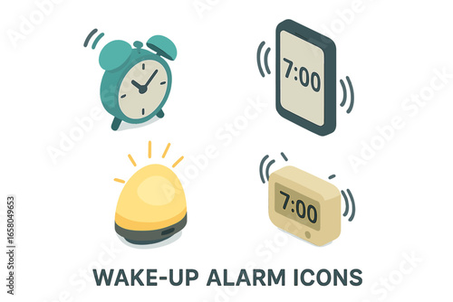 Isometric wake-up alarm icons set. Flat vector graphics of analog clock, smartphone alarm, sunrise lamp, digital buzzer. Concept for morning routine, time, schedule, getting up.