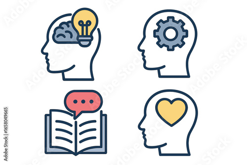 Vector icon set of human cognition and mental processes. Head silhouette with idea lightbulb, thinking gear, emotion heart, and learning book. Psychology, knowledge concepts.