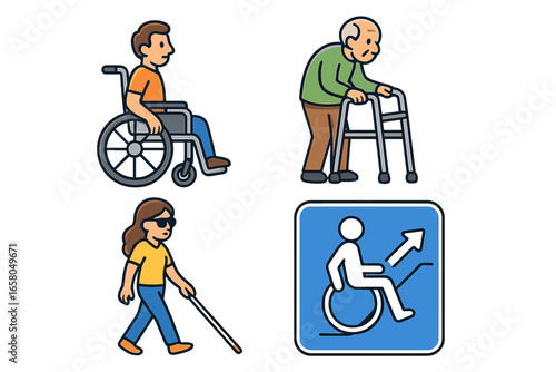 Accessibility icon set with disabled people. Man in wheelchair, senior with walker, blind woman with cane, accessible ramp sign. Vector cartoon for mobility and inclusion concepts.