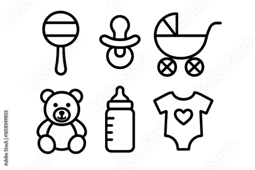 Baby icon set. Vector outline collection for newborn. Rattle, pacifier, stroller, teddy bear, feeding bottle, and onesie. Simple linear symbols for infancy and baby shower concepts.