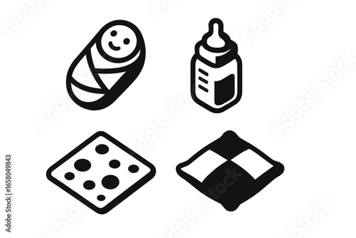 Baby care isometric icon set. Newborn essentials collection in black and white. Vector illustration of swaddled infant, milk bottle, high-contrast blanket and sensory pillow.