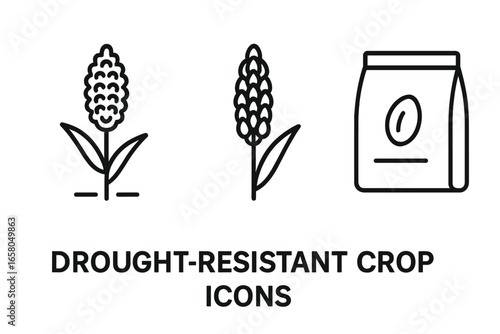 Drought resistant crop cultivation icon set. Sorghum, millet, seed packet outline symbols. Sustainable smart farming, agriculture, climate change adaptation concept vector.