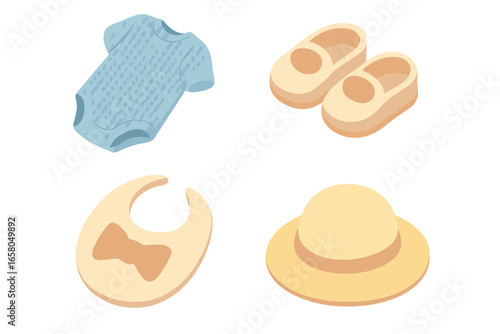 Baby clothes and accessories icon set. Isometric vector graphics of newborn essentials. Blue knit romper, baby shoes, bib with bow tie, and sun hat. Infant fashion.