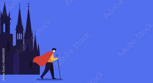 Illustration of a traveler in a red cape walking with a staff past a gothic building, symbolizing a journey, quest, or adventure. Ample copy space.
