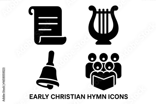 Christian hymn solid glyph icon set. Religious music and worship symbols. Ancient scroll, lyre harp, hand bell, and church choir singing gospel. History of faith vector element.