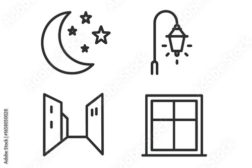 Nighttime loneliness linear icon set. Solitude and melancholy concepts. Vector icons of moon, stars, street lamp, dark alley, window. Urban night, quiet city life, sadness.