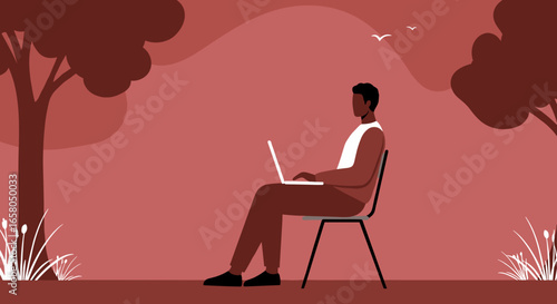 Man working on a laptop outdoors in a peaceful park setting. Ideal for themes of remote work, digital nomad lifestyle, and flexible working.