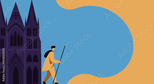 A traveler with a staff walks past a grand, historic Gothic cathedral, symbolizing journey, exploration, and discovery. Ideal for travel, history, or adventure themes.
