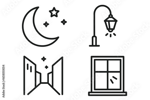Nighttime loneliness outline icon set. Minimal vector icons of moon, stars, street lamp, dark alley, and window with light. Concepts of solitude, quiet, sadness, and urban night.