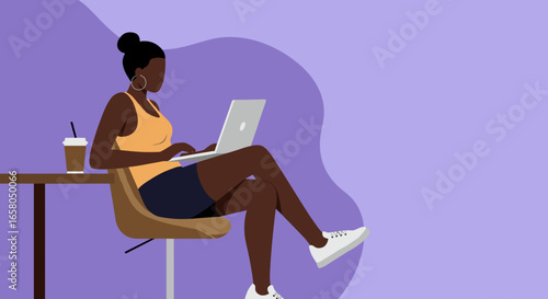 African American woman working on laptop at a cafe, enjoying coffee. Represents remote work, productivity, freelancing, and digital lifestyle.