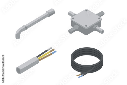 Electrical installation isometric icon set. Vector graphics of conduit pipe, junction box, and power cables. For construction industry, wiring diagrams, and home repair supplies.