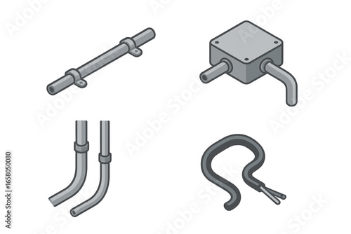 Isometric electrical conduit and wiring icon set. Vector illustration of metal piping, junction box, and cables for construction, industrial, or basement renovation projects.
