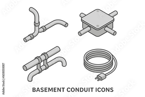 Isometric electrical conduit icon set for basement wiring. Vector illustration of metal piping, junction box, and power cable. Industrial construction and renovation elements.