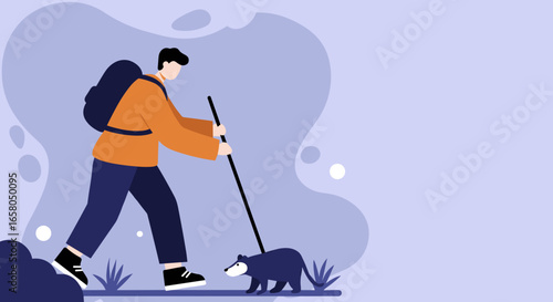 Adventurous person and companion animal explore nature with a walking stick, symbolizing discovery, journey, and outdoor lifestyle.