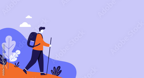Flat design illustration of a person hiking with a backpack and walking stick, symbolizing adventure, journey, and healthy outdoor lifestyle.