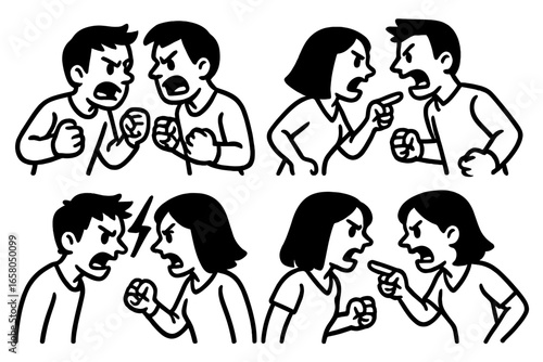 Set of angry people arguing and fighting. Man and woman in conflict and confrontation. Couple relationship problem, dispute, and quarrel. Vector cartoon illustration character set.
